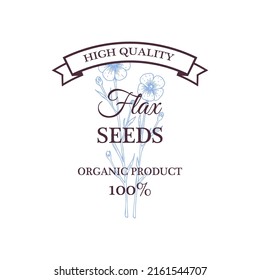 Hand drawn vintage flax seeds logo isolated on white. Vector illustration in sketch style