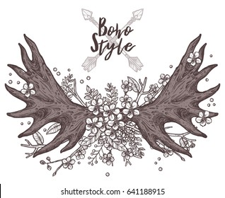 Hand Drawn vintage Floral Antler. Beautiful Sketch Illustration With Elk Horns And Flowers In Boho, Hipster And Rustic Style