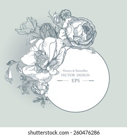 hand drawn vintage floral background with round frame