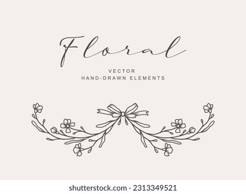 Hand drawn vintage floral border, frame, divider with flowers, leaves and ribbon bows. Trendy greenery elements in line art style. Vector for label, corporate identity, wedding invitation, card