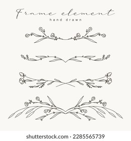 Hand drawn vintage floral borders, frames, dividers with flowers, branches and leaves.Trendy greenery elements in line art style.Vector for label, corporate identity, wedding invitation, greeting card