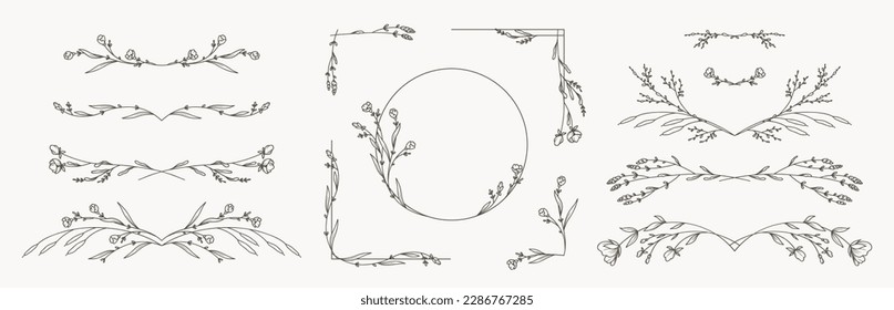 Hand drawn vintage floral borders, frames, dividers, corners with flowers and leaves. Trendy greenery elements in line art style. Vector for label, corporate identity, wedding invitation, card