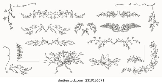 Hand drawn vintage floral borders, frames, dividers, corners with branches, flowers and leaves. Trendy greenery elements in line art style. Vector for label, corporate identity, wedding invitation