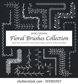 Hand drawn vintage floral brushes. Branch and leaf brushes for wedding invitation, greeting cards and postcard design. Border, divider, wreath. Modern ornamental brushes with outer and inner corners. 