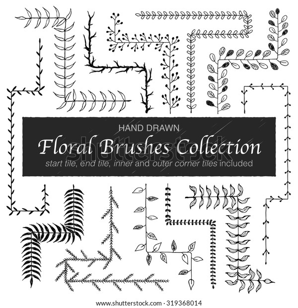 Hand drawn vintage floral brushes. Branch and leaf\
brushes for wedding invitation, greeting cards and postcard design.\
Border, divider, wreath. Modern ornamental brushes with outer and\
inner corners. 