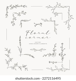 Esquinas florales vintage dibujadas a mano. Los elementos de color verde de moda para el marco con estilo de arte lineal. Ilustración vectorial para etiqueta, identidad corporativa, invitación a matrimonio, tarjeta