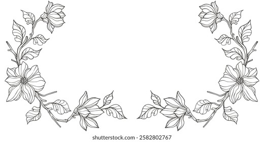 Hand drawn vintage floral corners. Trendy greenery elements for frame in line art style. Vector illustration