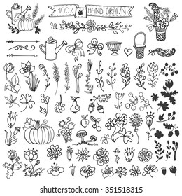 Hand Drawn vintage floral decorative elements. Set of flowers, arrow, fruits, branches, berries. Doodle rustic vector.Easy to make design templates, invitations card, logo, cafe menu.