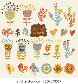 Hand Drawn vintage floral elements with birds. Set of flowers.