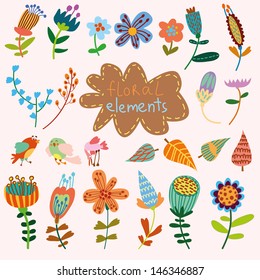 Hand Drawn vintage floral elements with birds. Set of flowers.