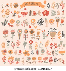 Hand Drawn vintage floral elements. Flower set in vector