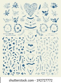 Hand Drawn vintage floral elements. Set of flowers. Decorative elements