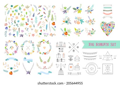 Hand Drawn vintage floral elements. Set of flowers, icons and decorative elements.