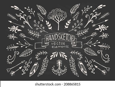 Hand Drawn vintage floral elements. Set of flowers, arrows, icons and decorative elements.