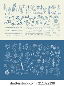 Hand Drawn vintage floral elements. Swirls, laurels, frames, arrows, leaves, feathers, dividers, branches, banners and curls. 