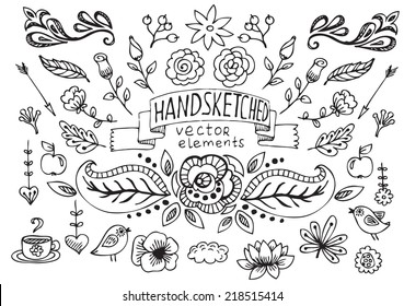 Hand Drawn vintage floral elements. Set of flowers, arrows, icons and decorative elements.