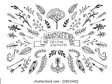 Hand Drawn vintage floral elements. Set of flowers, arrows, icons and decorative elements.