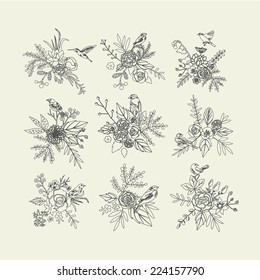 Hand Drawn vintage floral elements. Set of flowers with birds. Vector. Isolated.