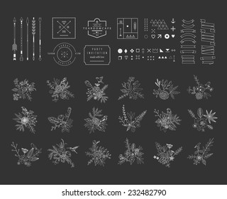 Hand Drawn vintage floral elements. Set of flowers, icons and decorative elements.