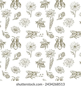 Hand drawn vintage floral elements and bee pattern . Vector illustration can used for textile, wrapping, decoration. 