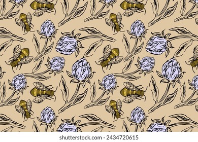 Dibujado a mano elementos florales vintage trébol y patrón de abeja. Ilustración vectorial se puede utilizar para textiles, envoltura, decoración. 