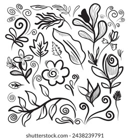 Elementos florales vintage dibujados a mano. Remolinos, hojas, ramas y rizos. garabatos de flores y ramas 