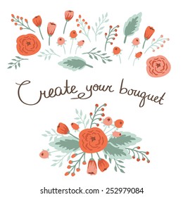 Hand Drawn vintage floral elements. Set of flowers. You can make your vintage floral bouquet!