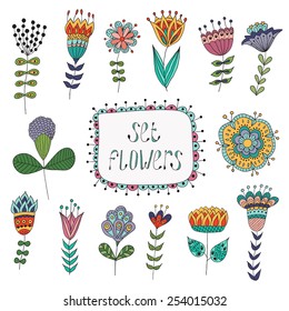 Hand Drawn vintage floral elements.  Flowers.