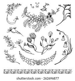 Hand Drawn vintage floral elements. Set of flowers, arrows, icons and decorative elements. Vector illustration.