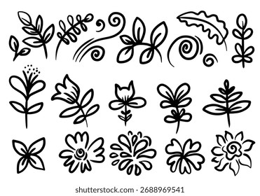 Hand Drawn vintage floral elements. Swirls, leaves, branches and curls. flower and branches doodle 