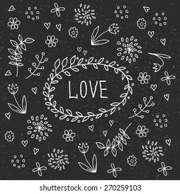 Hand Drawn vintage floral elements. Love card.  Hand Drawn vintage floral elements. Vector.