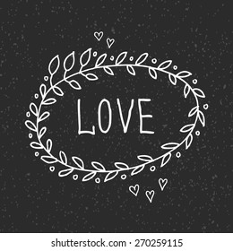 Hand Drawn vintage floral elements. Love card.  Vector.