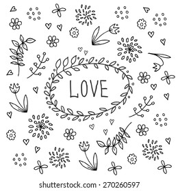 Hand Drawn vintage floral elements. Love card.  Vector. Hand Drawn vintage floral elements.  Laurels, frames, swirls, leaves, arrows, branches and curls. 