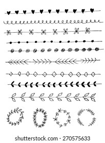 Hand Drawn vintage floral elements. Floral elements hand drawn with ink. Retro style.  Laurels, frames, swirls, leaves, arrows, branches and curls. 