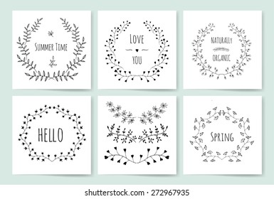 Hand Drawn vintage floral elements. Swirls, laurels, frames, leaves, banners and curls. Laurels. Wedding templates set with floral ornate elements