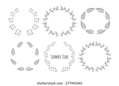Hand Drawn vintage floral elements. Swirls, laurels, frames, leaves, banners and curls. Laurels. Wedding templates set with floral ornate elements.