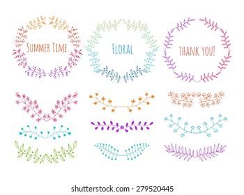 Hand Drawn vintage floral elements. Swirls, laurels, frames, leaves, banners and curls. Laurels. Wedding templates set with floral ornate elements.