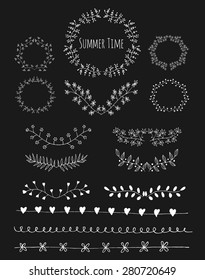 Hand Drawn vintage floral elements. Decorative elements. Floral elements hand drawn with ink. Laurels, frames, swirls, leaves, arrows, branches, banners and curls. 