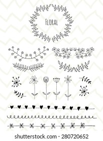 Hand Drawn vintage floral elements. Decorative elements. Floral elements hand drawn with ink. Laurels, frames, swirls, leaves, arrows, branches, banners and curls. 
