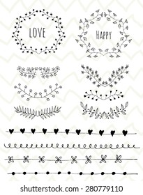 Hand Drawn vintage floral elements. Decorative elements. Floral elements hand drawn with ink. Laurels, frames, swirls, leaves, arrows, branches, banners and curls. 