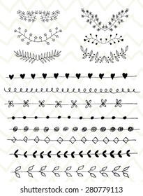 Hand Drawn vintage floral elements. Decorative elements. Floral elements hand drawn with ink. Laurels, frames, swirls, leaves, arrows, branches, banners and curls. 