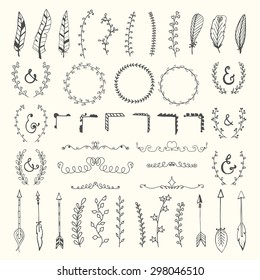 Hand drawn vintage floral elements. Weddings, Valentines day, birthday, design templates, invitations. Hand sketched romantic vector design elements. Vector illustration