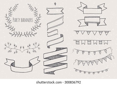 Hand Drawn vintage floral elements. Decorative elements. Floral elements hand drawn with ink. Laurels, frames, swirls, leaves, laurels, banners and curls. Ribbon banner.