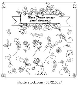 Hand Drawn vintage floral elements. Set of floral design elements. Decorative elements