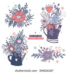 Hand Drawn vintage floral elements. Set of with flowers and decorative elements.