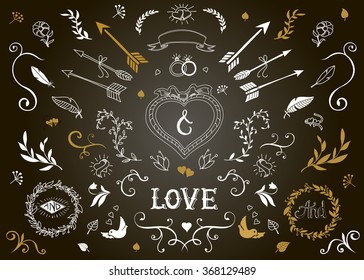 Hand Drawn vintage floral elements. Set of flowers, arrows, icons.
