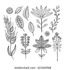 Hand Drawn vintage floral elements. Doodle black flowers on white background
