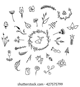 Hand Drawn vintage floral elements. Set of flowers, arrows, icons and decorative elements.