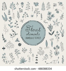 Hand Drawn vintage floral elements. Set of flowers. Decorative elements