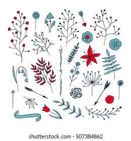 Hand Drawn vintage floral elements. Vector. Isolated.The set of hand-drawn vector decorative elements for your design. Leaves, branches, floral elements. Wedding, birthday, Valentine's day. 
